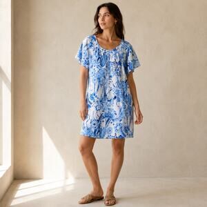 Lantana Casuals 100% Linen Shift Dress Blue White Print Resort L Hamptons